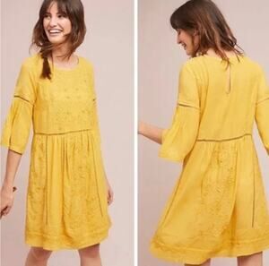Anthropologie Akemi & Kin Womens S Yellow Oversized Boho Embroidered Mini Dress